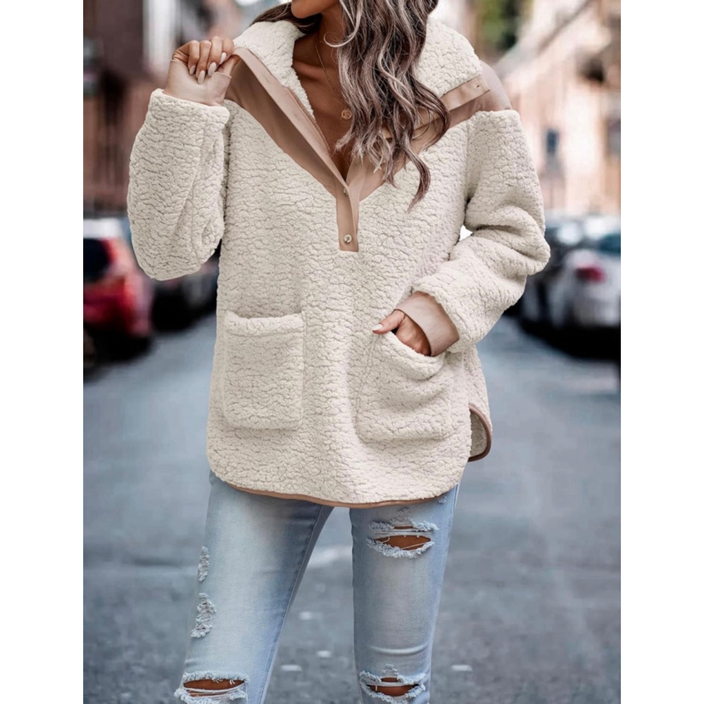 Women's KIRUNDO Beige Cream Sherpa Fleece Pullover Sweater M - Picture 2 of 9